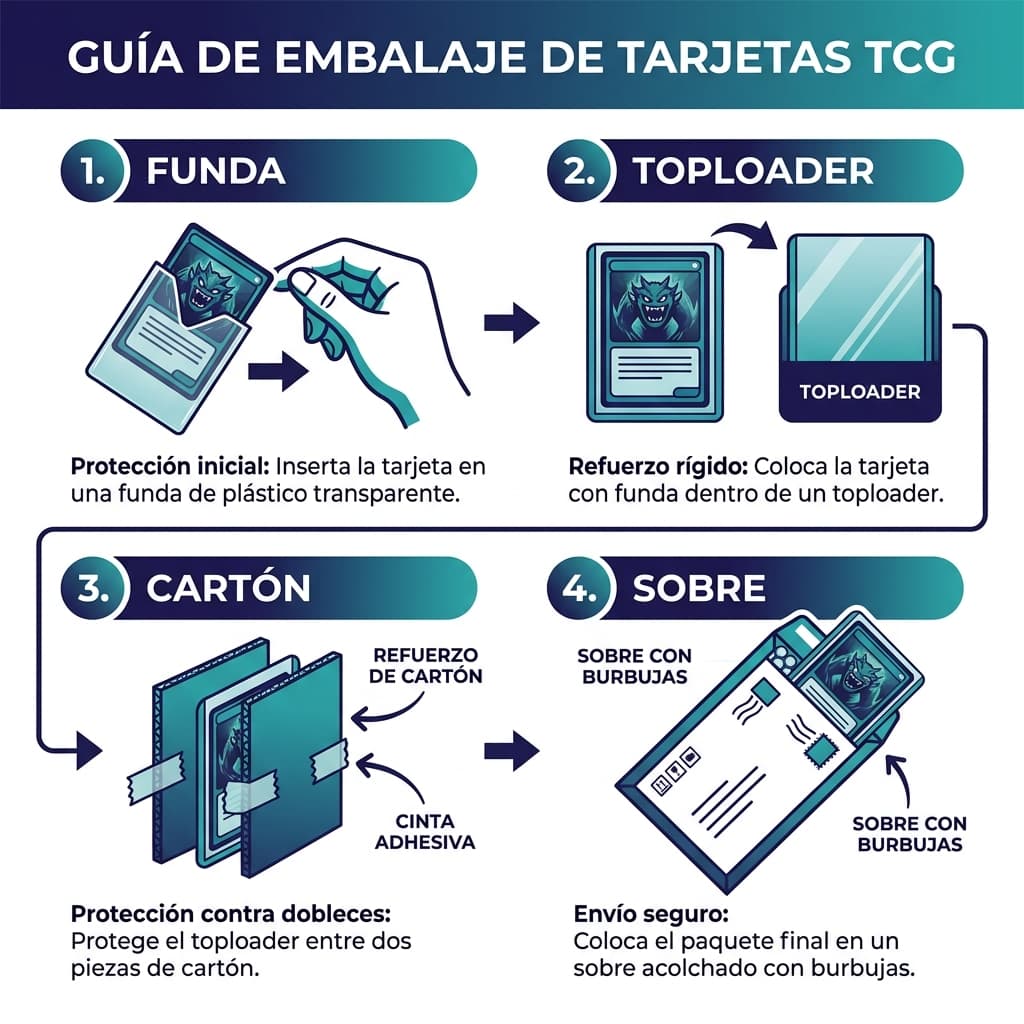 Paso a paso para empaquetar cartas coleccionables Esquema de embalaje seguro paso a paso para enviar cartas TCG: funda, toploader, cartón y sobre acolchado