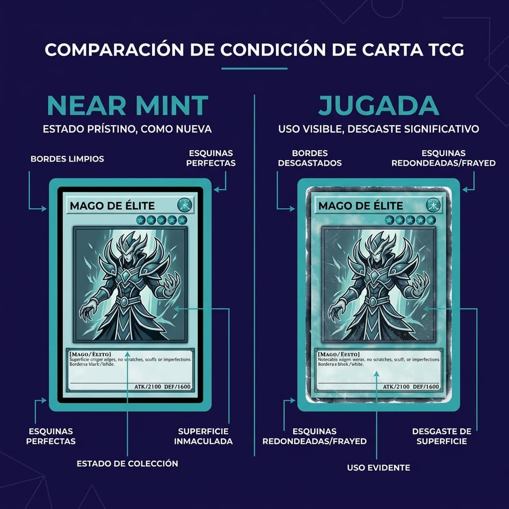 Escala visual de condiciones de cartas TCG Infografía comparativa de cartas TCG en estado Near Mint versus Played